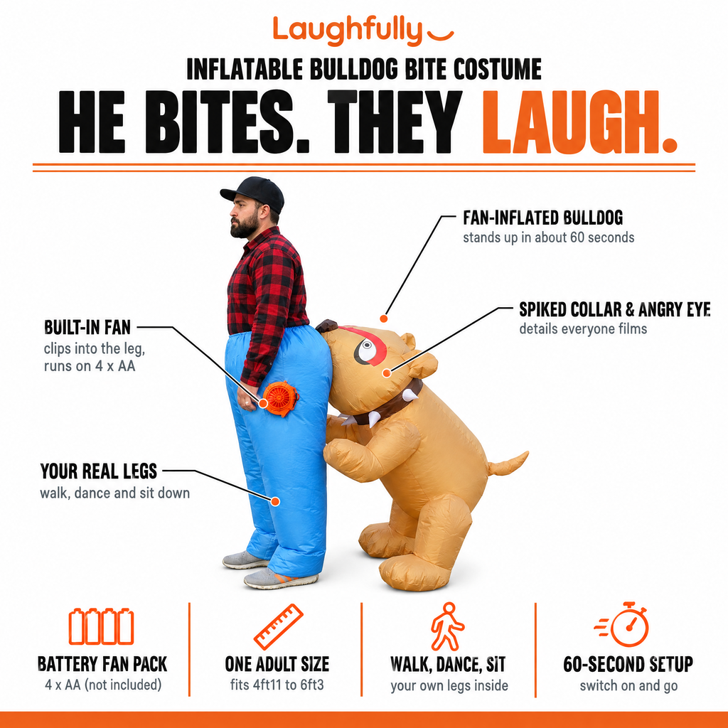 He bites. They laugh. Costume features