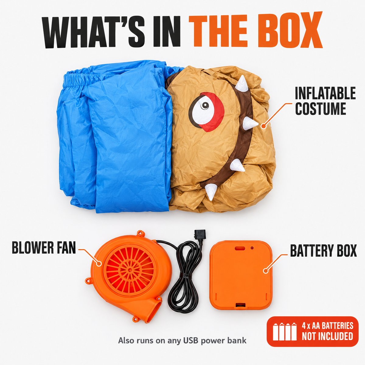 What's in the box – costume, blower fan, battery box