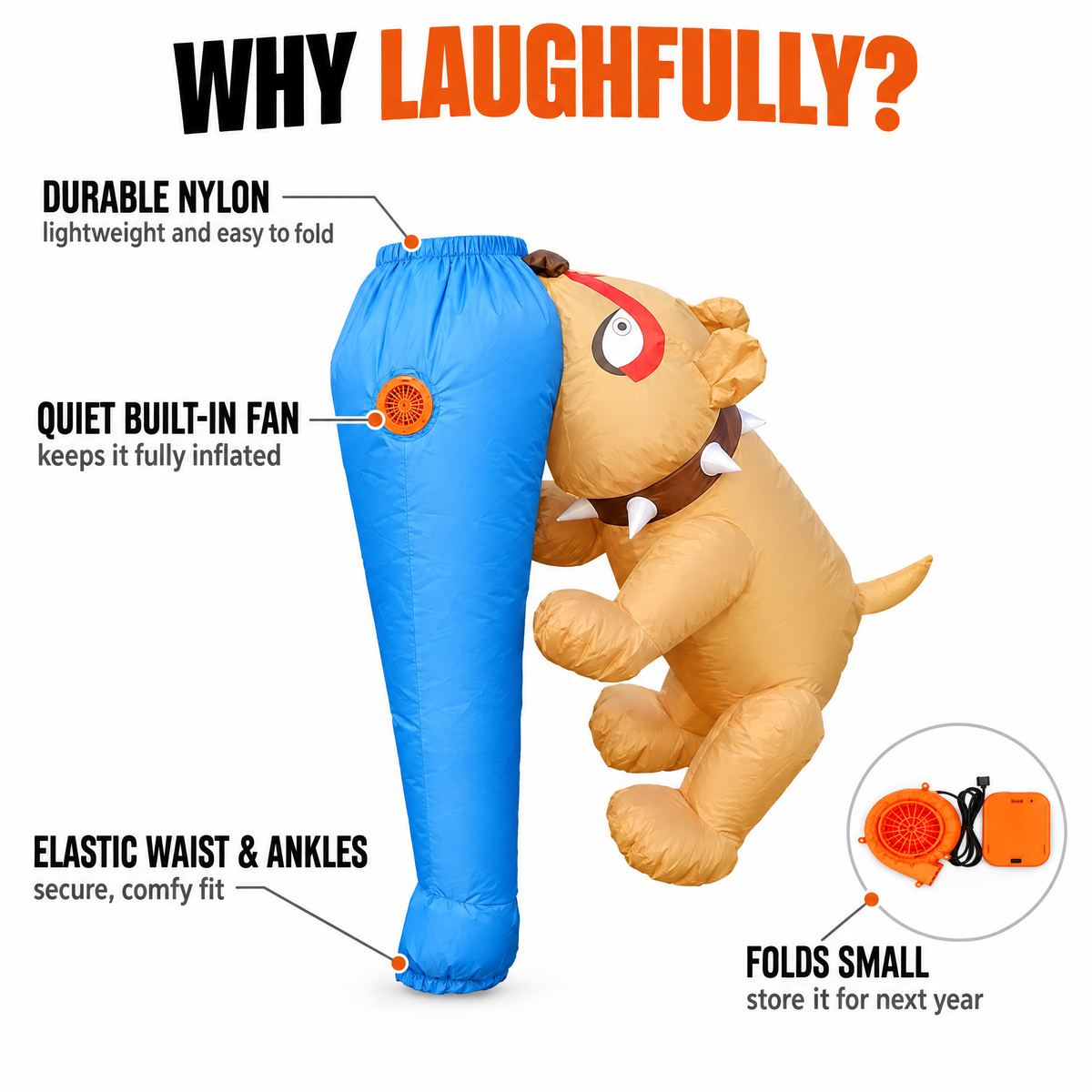 Why Laughfully – durable nylon, quiet fan, elastic fit, folds small