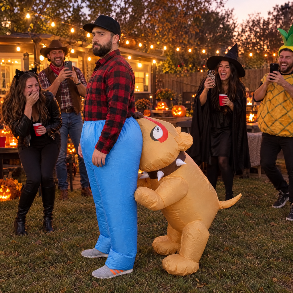 Friends crying with laughter at a backyard Halloween party